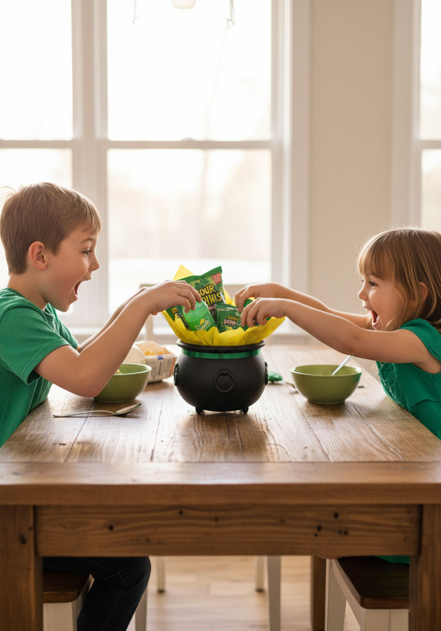 Two excited children discovering St. Patrick's Day pot o' treats filled with green snacks at breakfast table