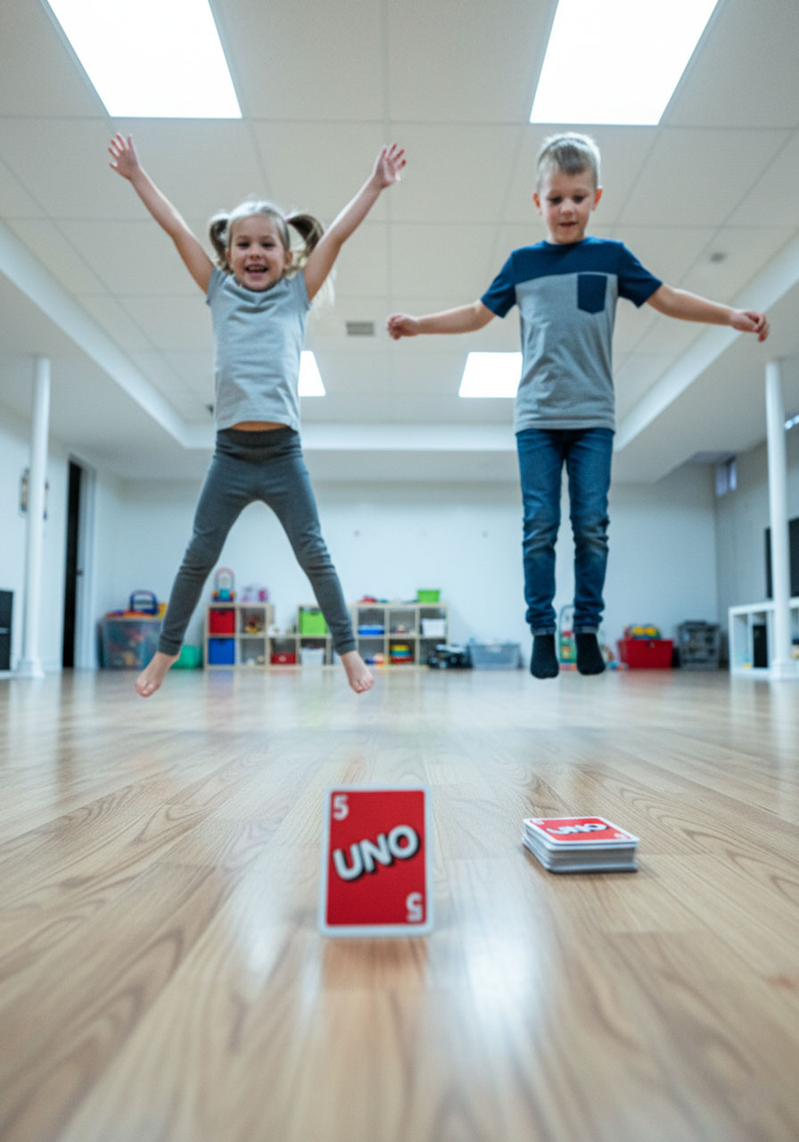 Two children doing jumping jacks and exercises based on UNO card number and color during active movement game