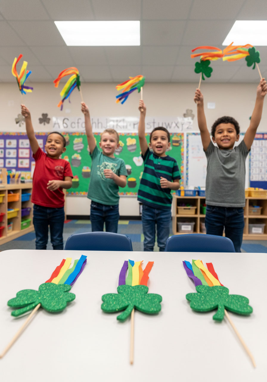 Preschool children making and playing with shamrock wands during St Patrick's Day classroom craft activity