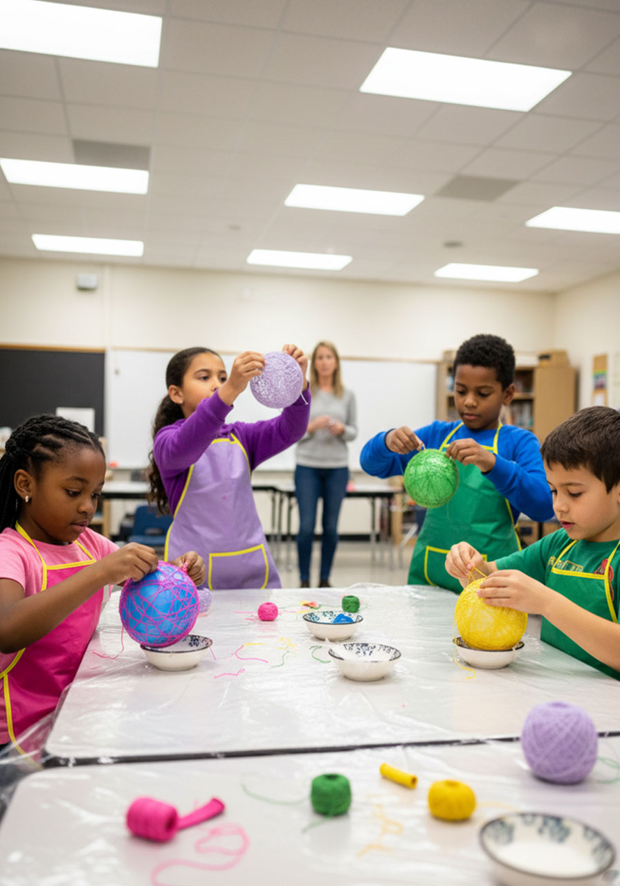 Children making string Easter eggs together in classroom craft activity with teacher supervision
