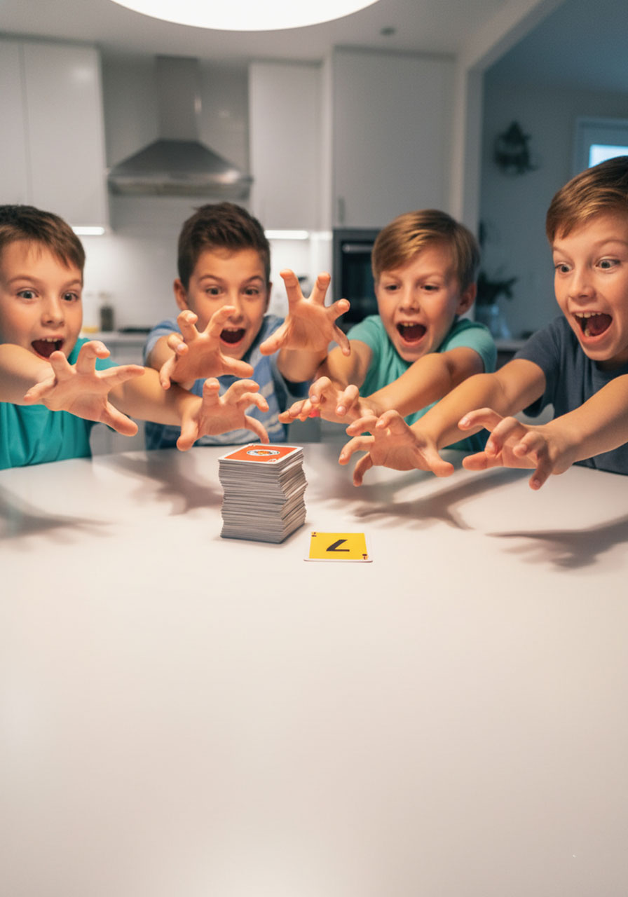 Four children excitedly reaching for UNO card during fast-paced number recognition game