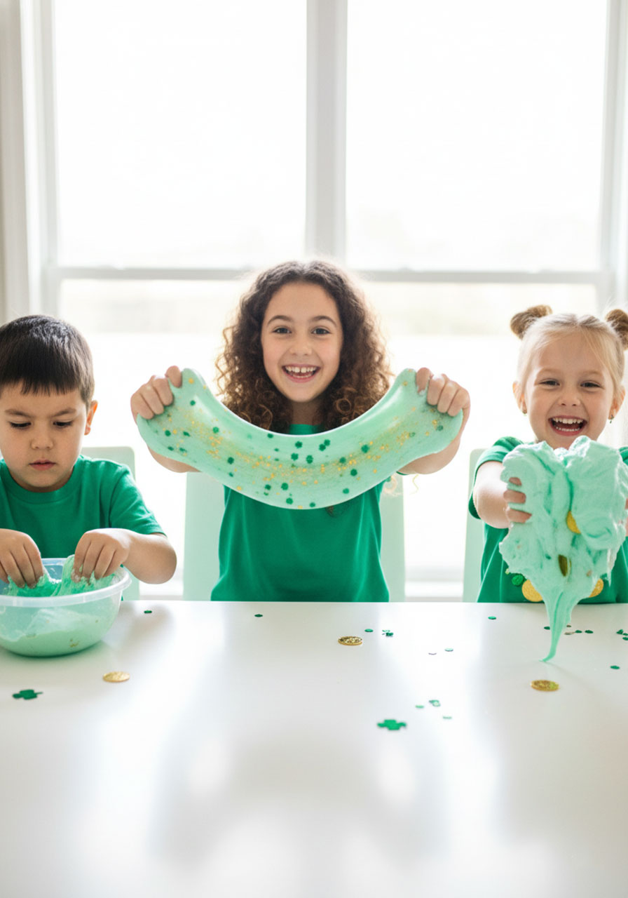 Three children happily playing with homemade green St Patrick's Day slime at table