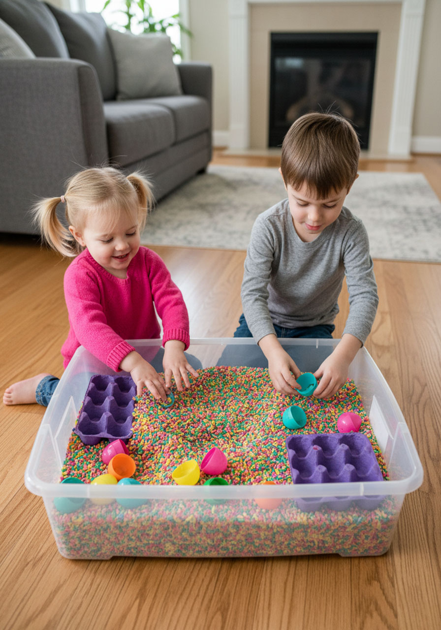 Two children playing together with Easter sensory bin filled with rainbow rice and colorful plastic eggs