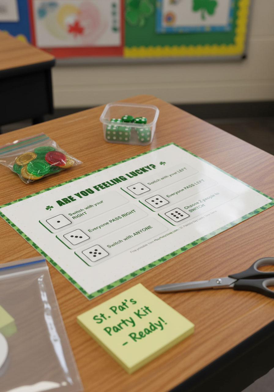 Laminated Lucky Dice game card with organized supply bag containing colored coins and green die for classroom parties