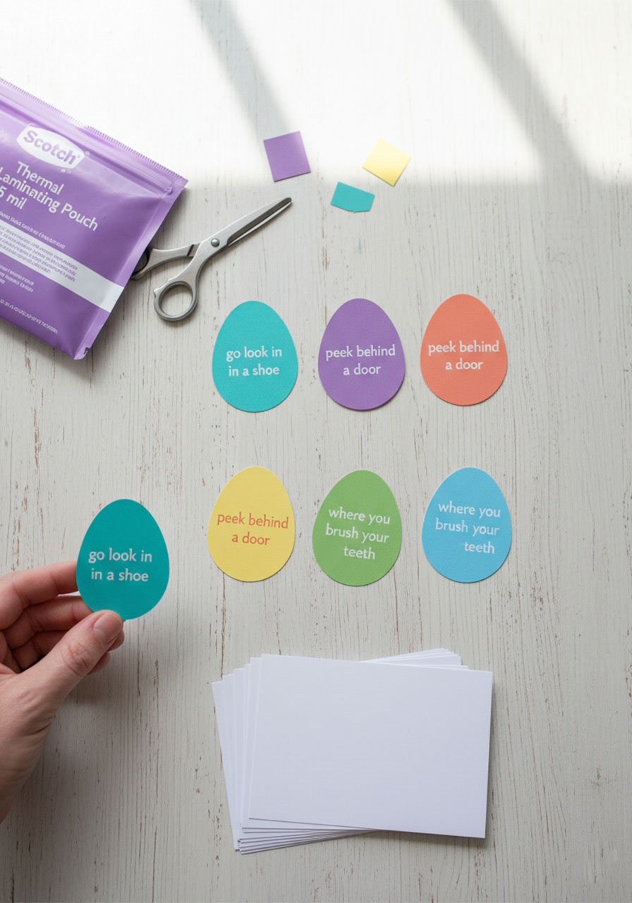 Laminated waterproof Easter egg hunt clue cards showing reusable printable design for multiple year use