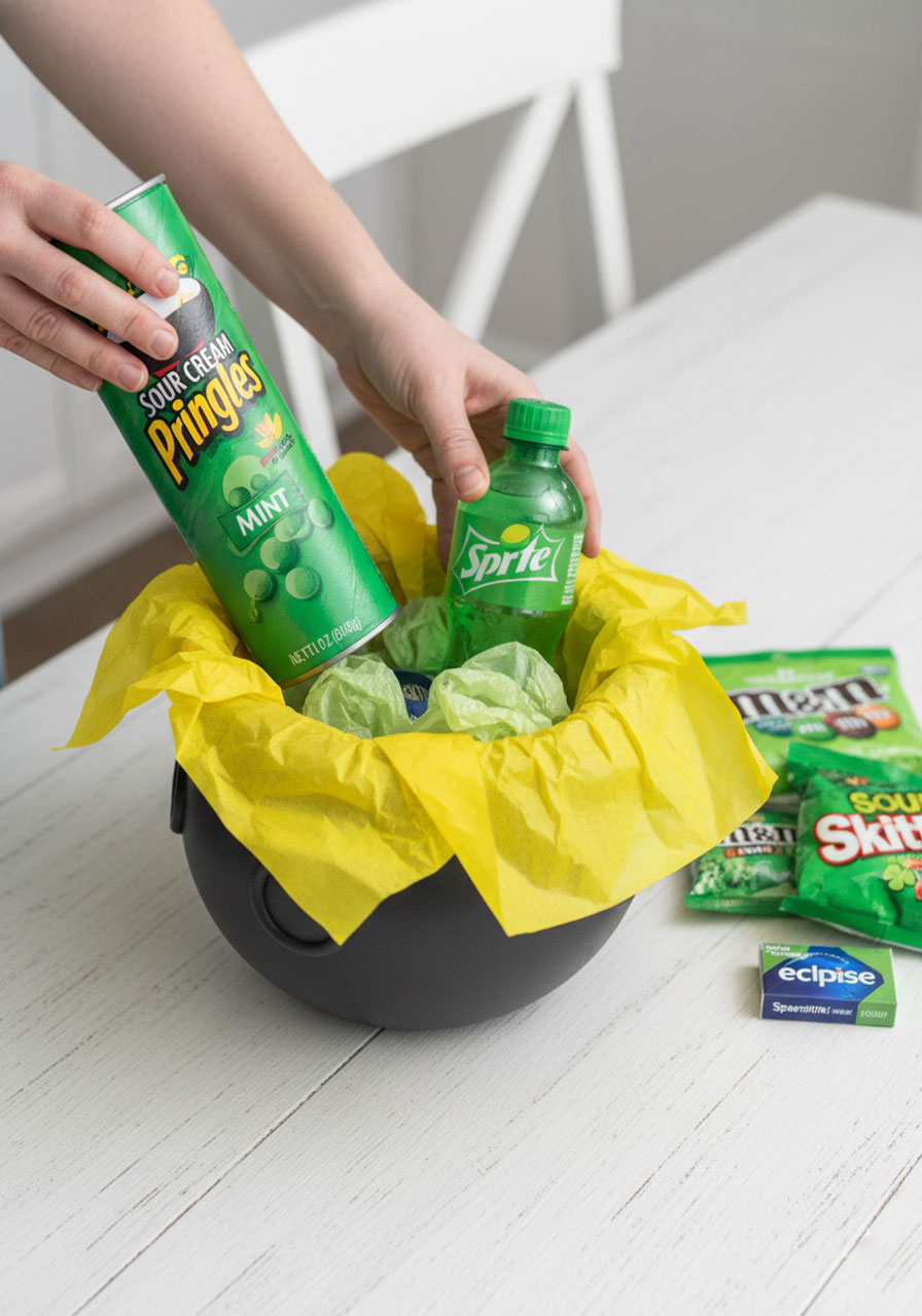 Hands placing Pringles can into cauldron pot with other green treats, showing strategic layering technique for pot o' treats assembly