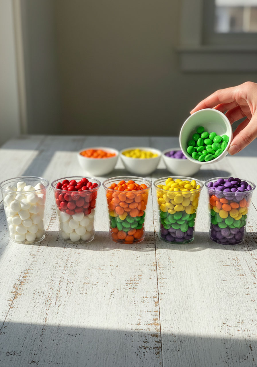 Step by step rainbow Skittles layering process showing each color being added to clear cups for St. Patrick's Day treat