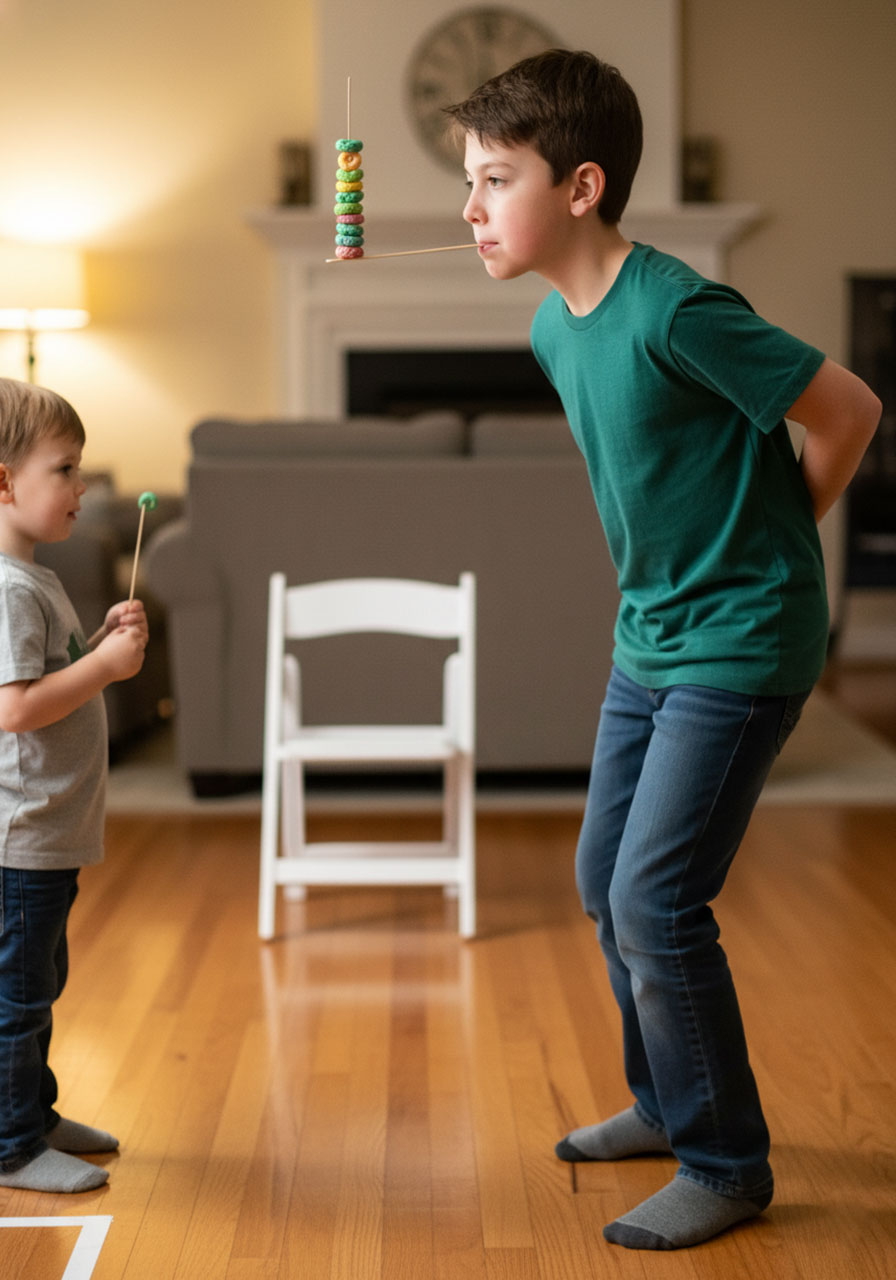 Leprechaun Balancing Act St. Patrick's Day game with child balancing cereal on popsicle stick in mouth