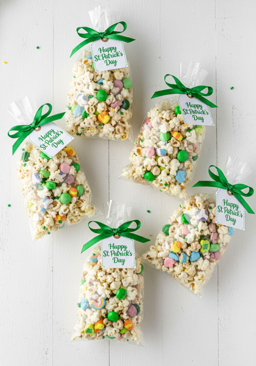 Loaded leprechaun popcorn packaged in clear cellophane bags with green ribbons as party favors for St. Patrick's Day celebration