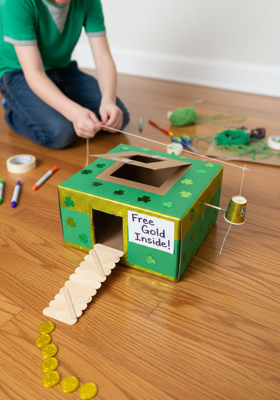 DIY leprechaun trap STEM engineering project with cardboard box, trigger mechanism, and gold coin bait for St. Patrick's Day