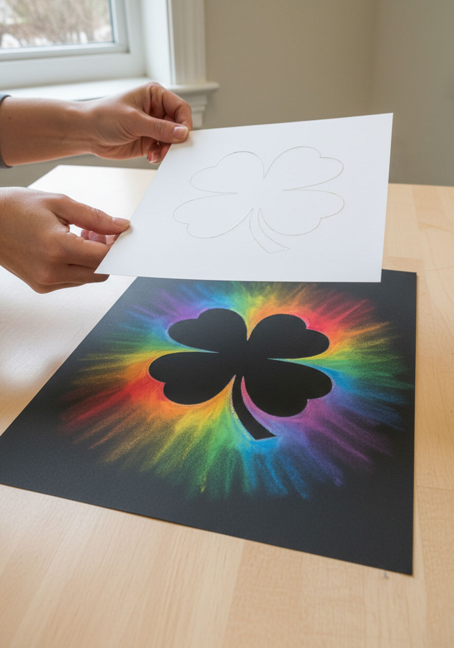 Teacher's hands lifting clover template to reveal finished St. Patrick's Day chalk pastel art with glowing rainbow effect and perfect black silhouette