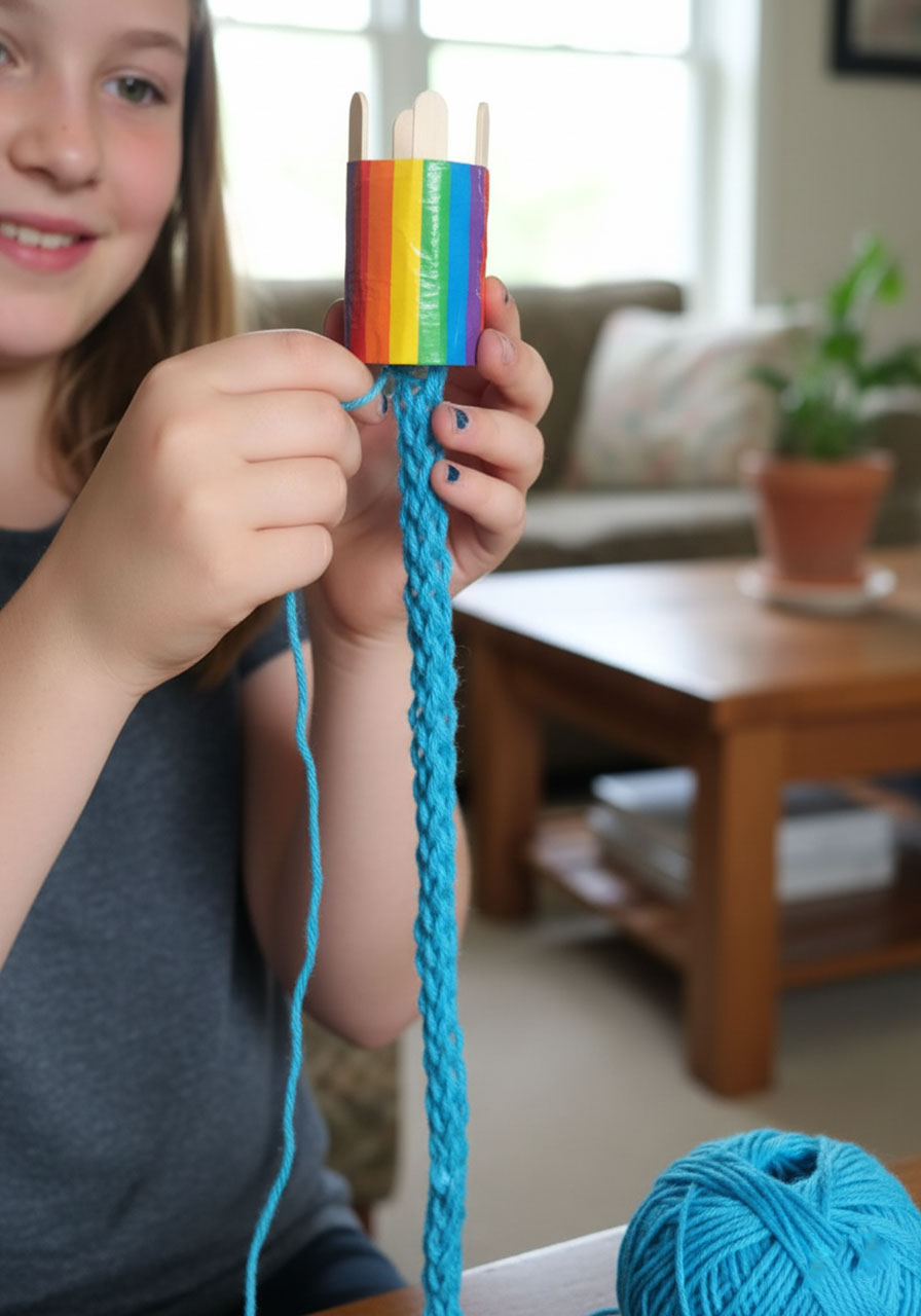 Long completed knitted tube hanging from toilet roll French knitting loom showing progress and consistent stitch work