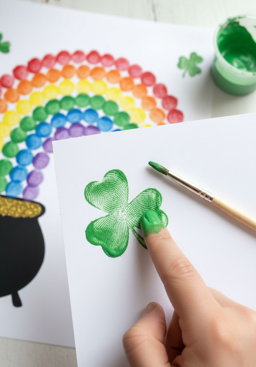 Child's finger creating three-dot shamrock fingerprints in green paint for St. Patrick's Day rainbow craft