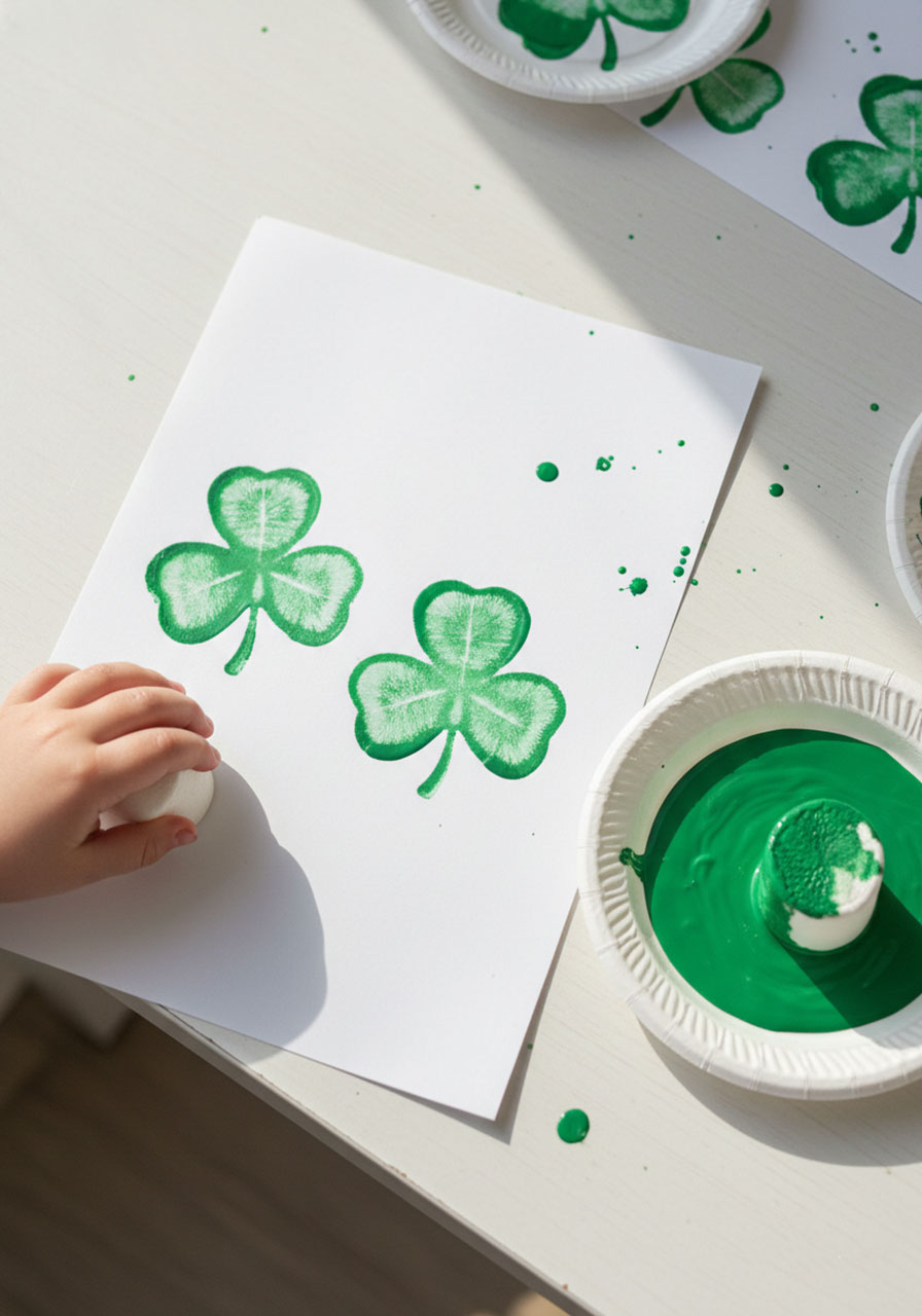 Child creating marshmallow shamrock stamping craft for St. Patrick's Day with green paint and jumbo marshmallows on white paper