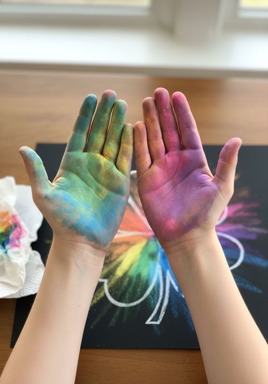 Child's hands covered in colorful chalk pastel dust during St. Patrick's Day art project showing the fun messy creative process