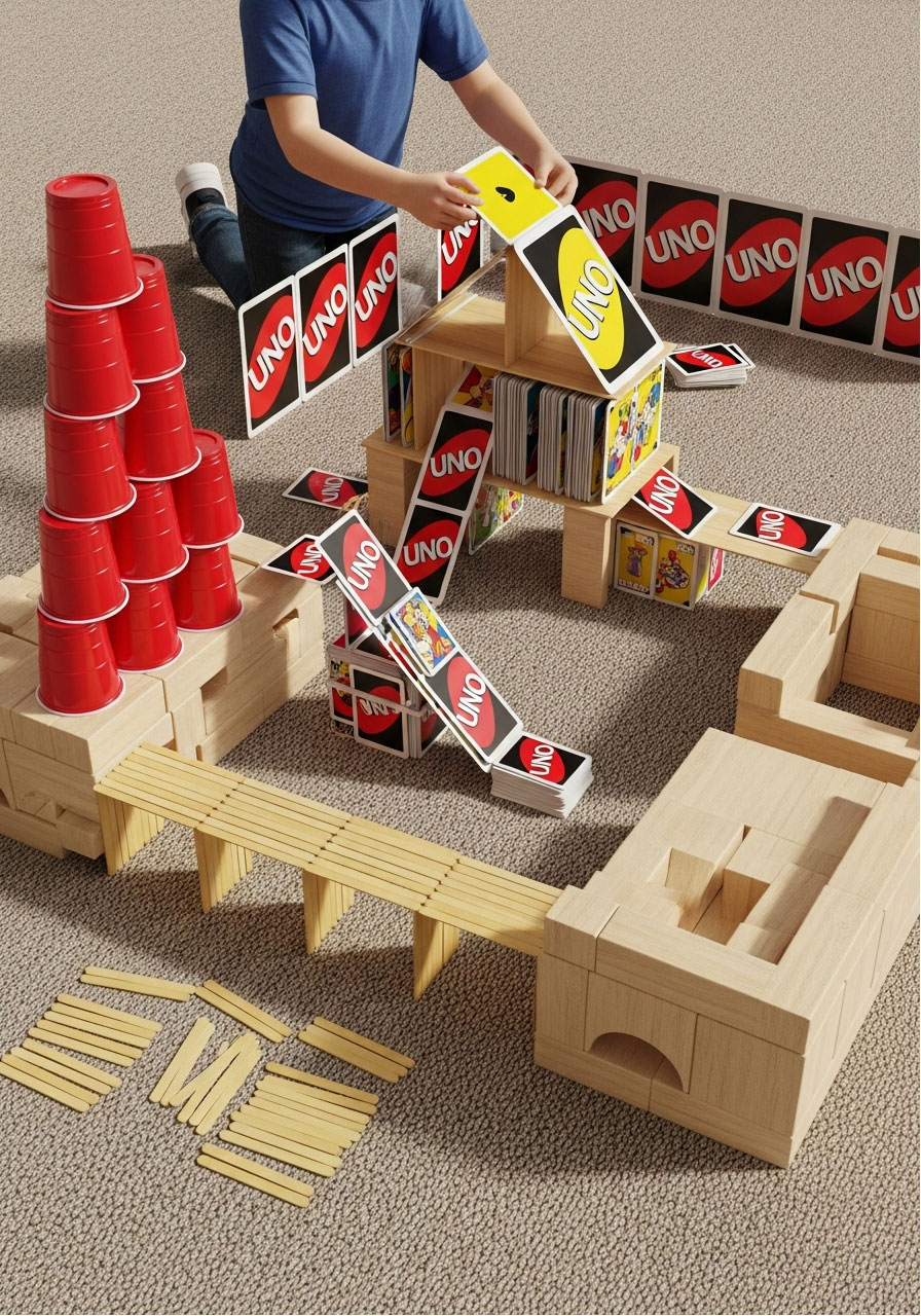 Children building creative structure using UNO cards combined with cups, blocks, and craft sticks for STEM activity