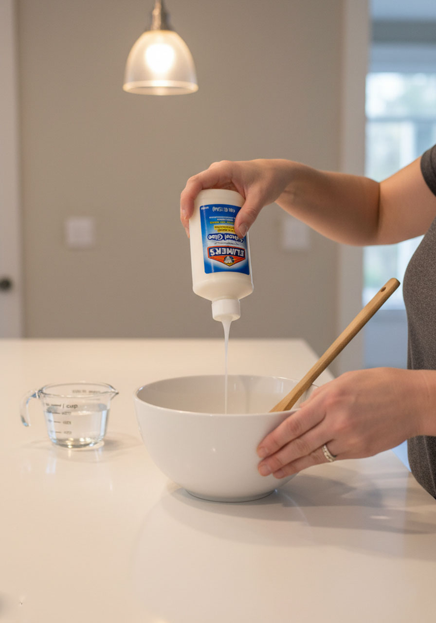 Pouring white school glue into bowl with water for homemade slime recipe first step