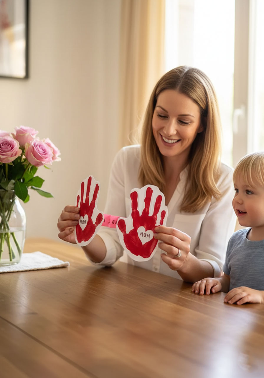 Mom happily opening a DIY handprint accordion card made by her child for Mother's Day, revealing an "I Love You So Much" hidden message