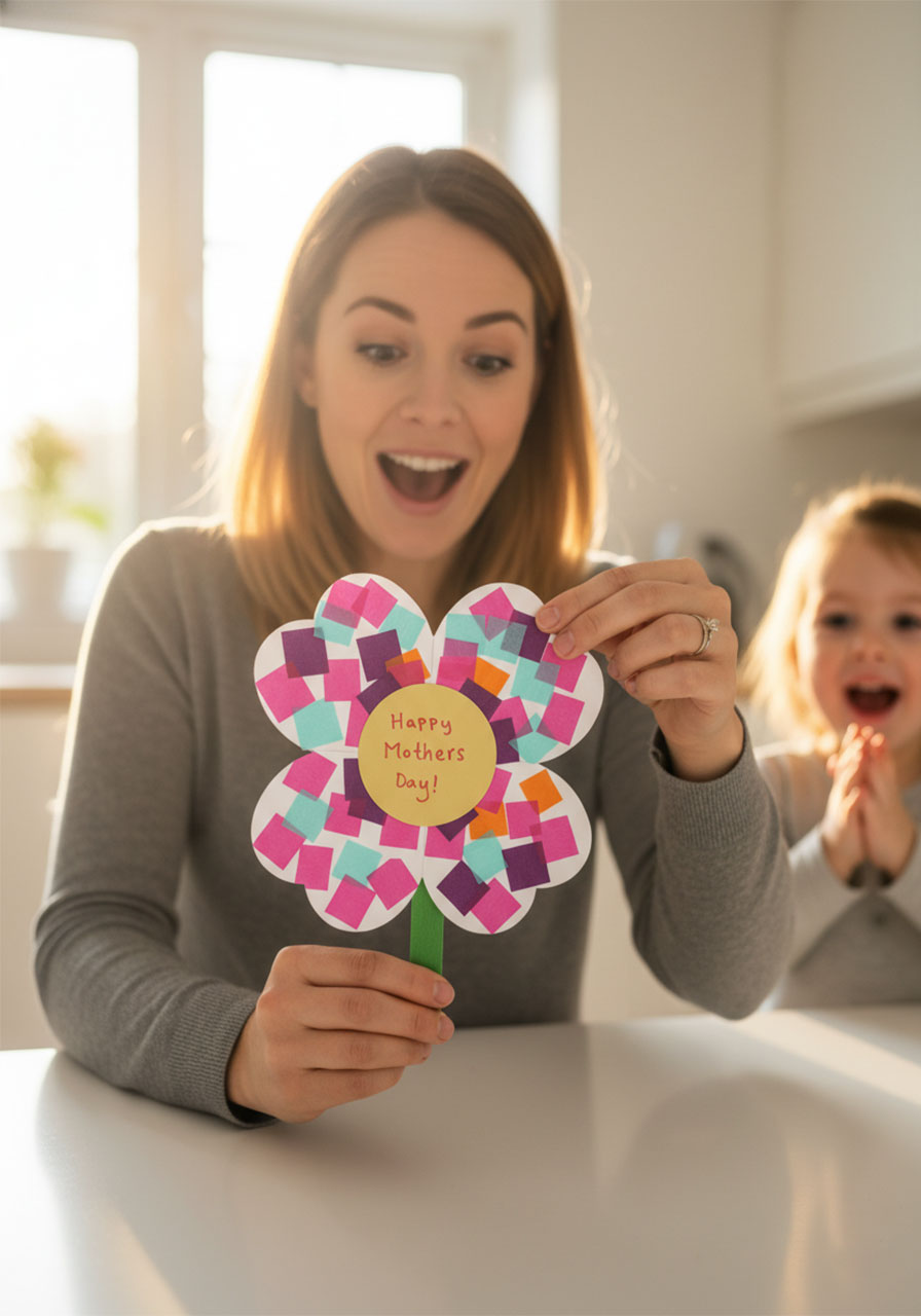 Mom opening a DIY foldable heart flower card that blooms in her hands to reveal a Happy Mother's Day message inside