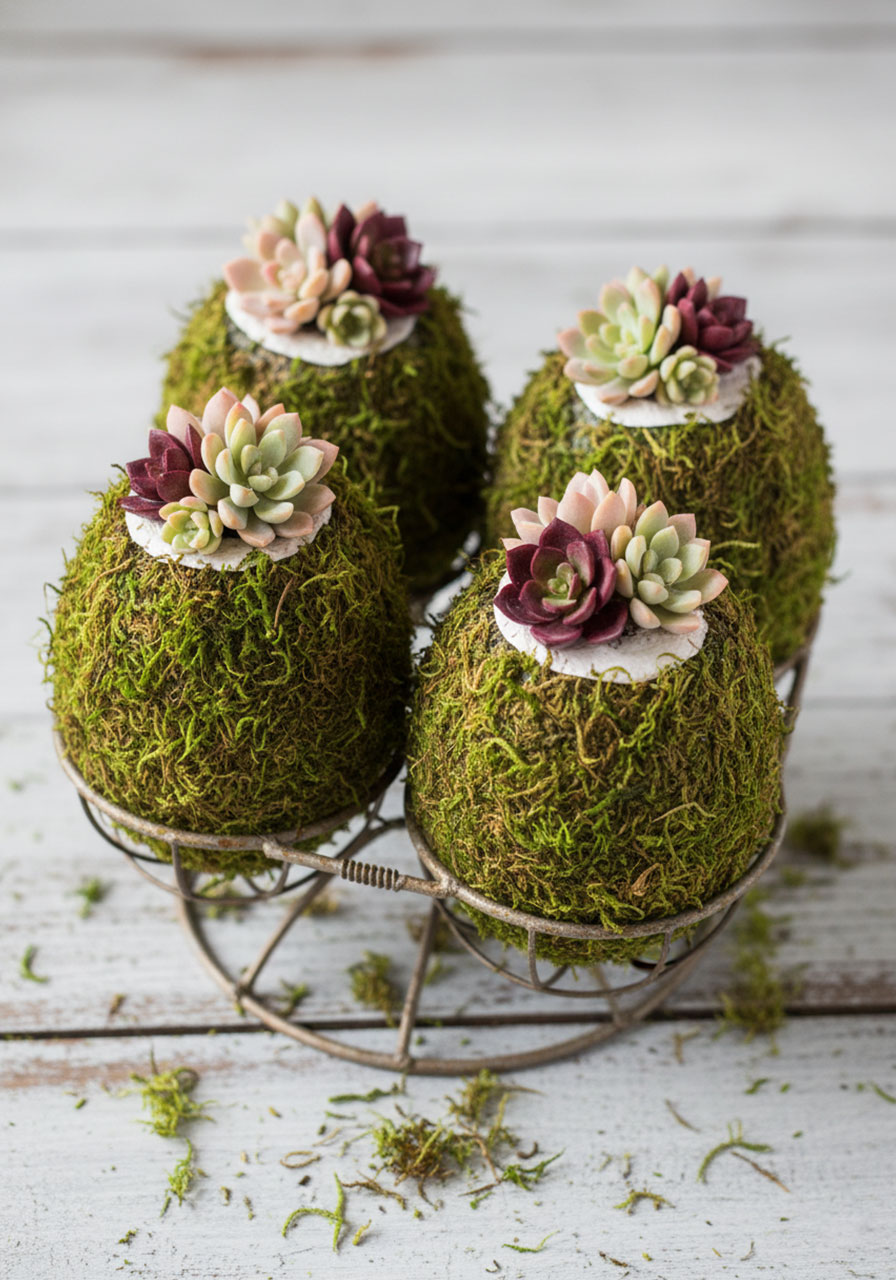 DIY moss-covered Easter eggs topped with artificial succulents in vintage wire egg holder, natural spring decoration craft
