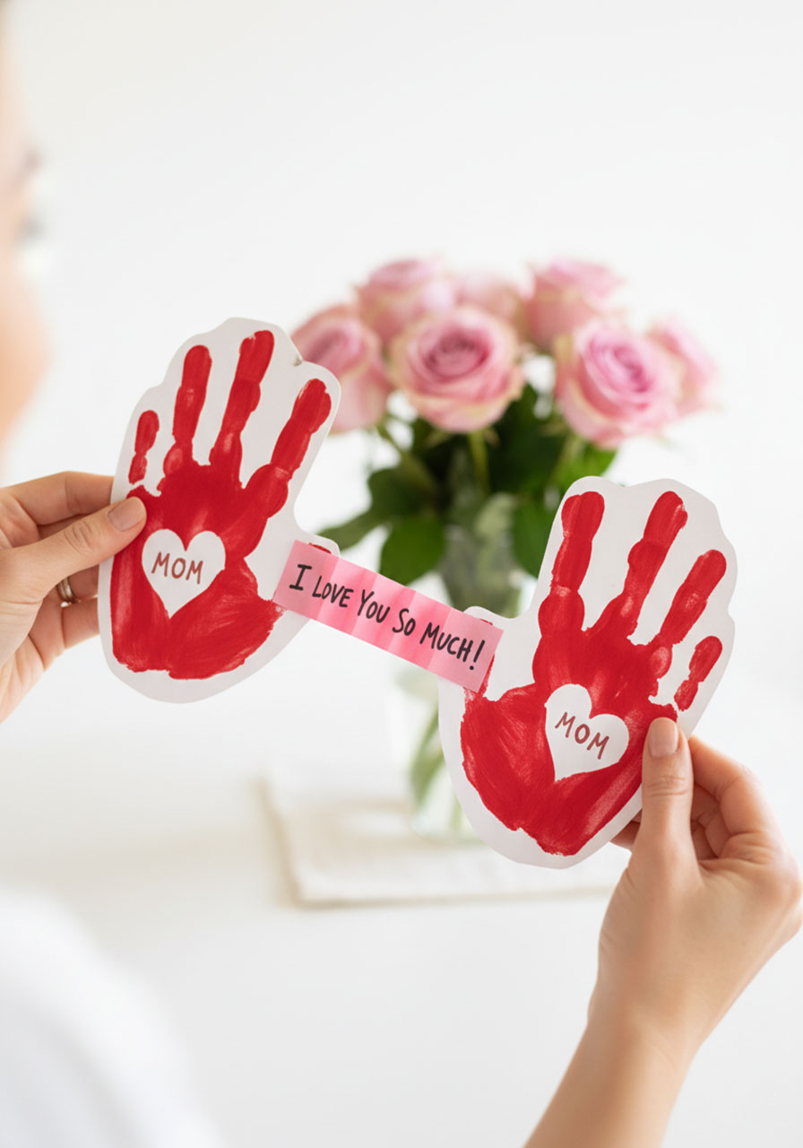 Finished DIY Mother's Day handprint accordion card fully open revealing "I Love You So Much" message, made from red paint and white cardstock