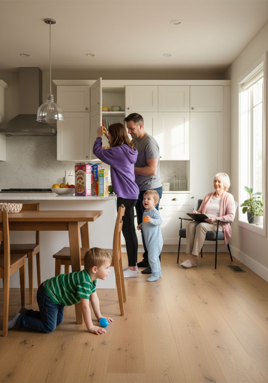 Multi-generational family with young children, teens, adults, and grandparents enjoying Easter egg hunt together indoors