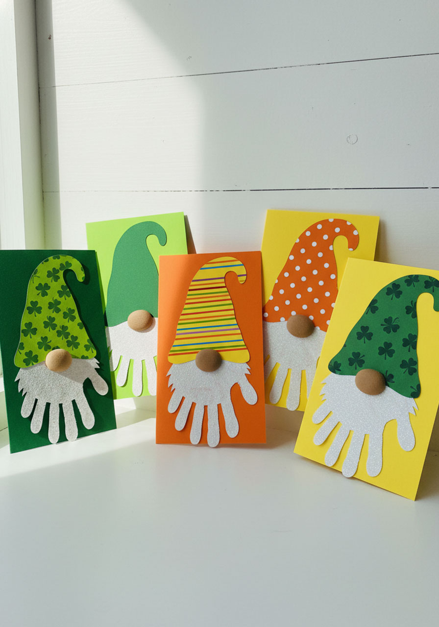 Collection of five handprint lucky gnome crafts in various colors displayed together for St. Patrick's Day