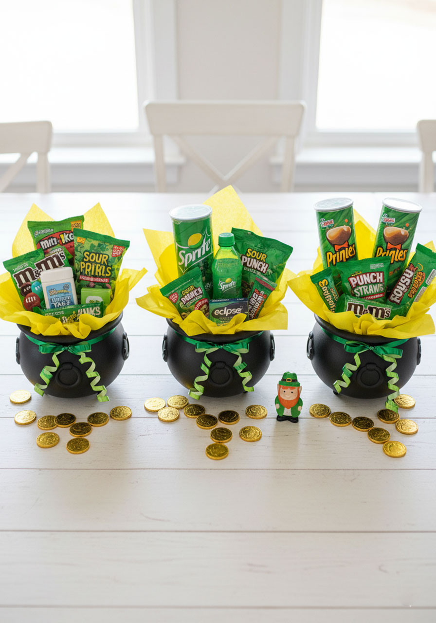 Three finished St. Patrick's Day pot o' treats arranged on table with different treat combinations, decorated with yellow tissue and green ribbons