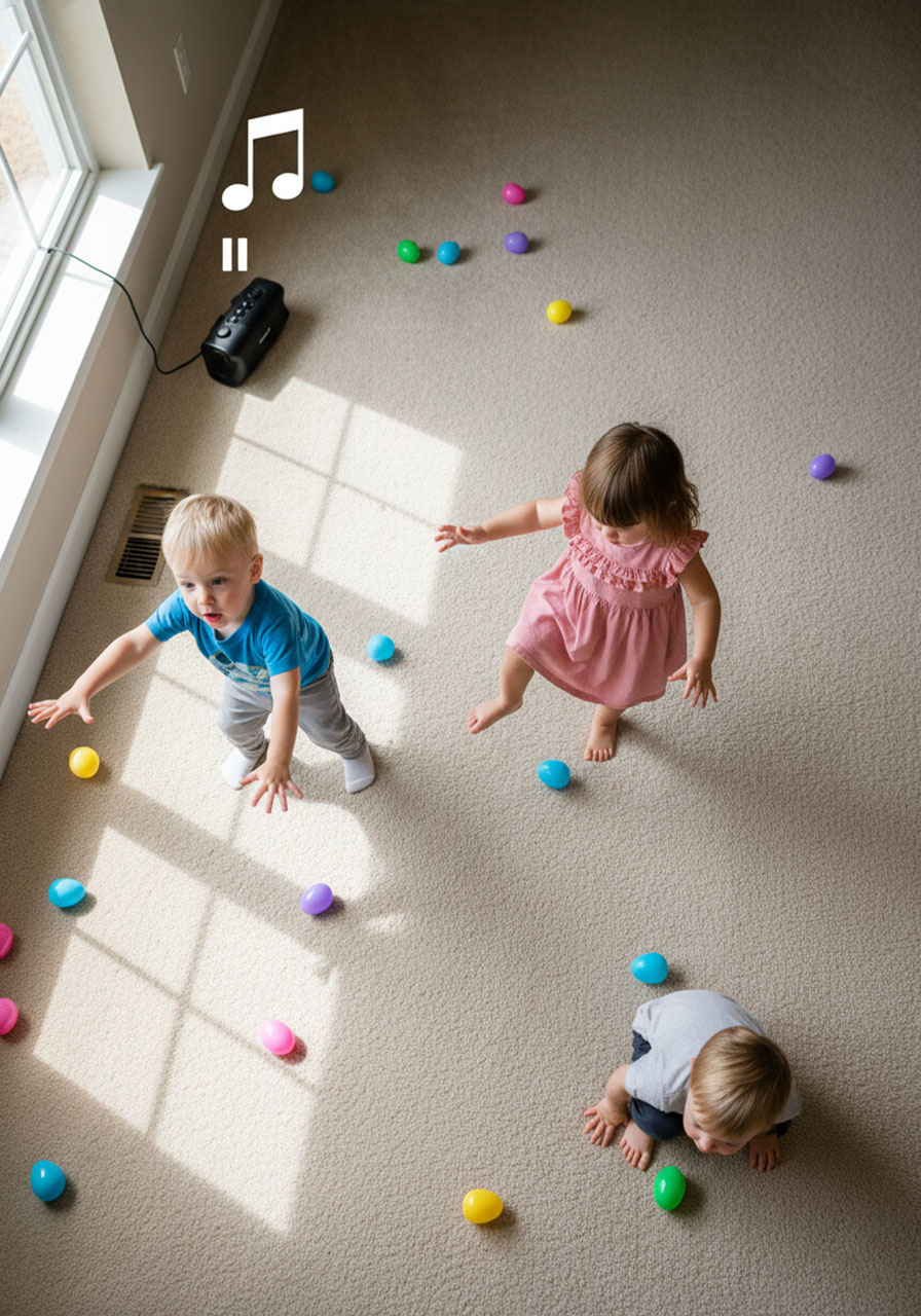 Toddlers playing musical freeze game during Easter egg hunt with children frozen in place while hunting for colorful eggs