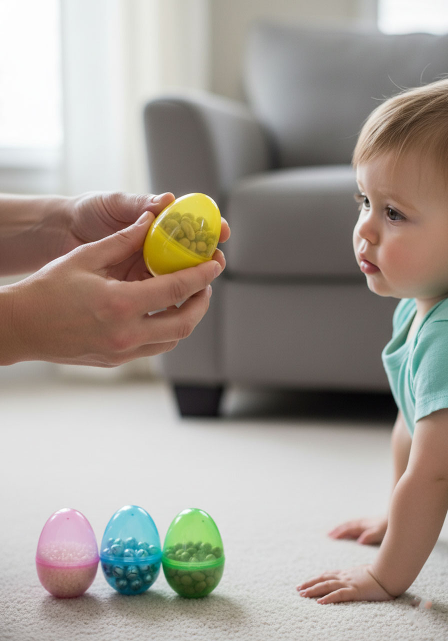 Parent shaking noise-filled Easter egg shaker while toddler listens during sound-based egg hunt game