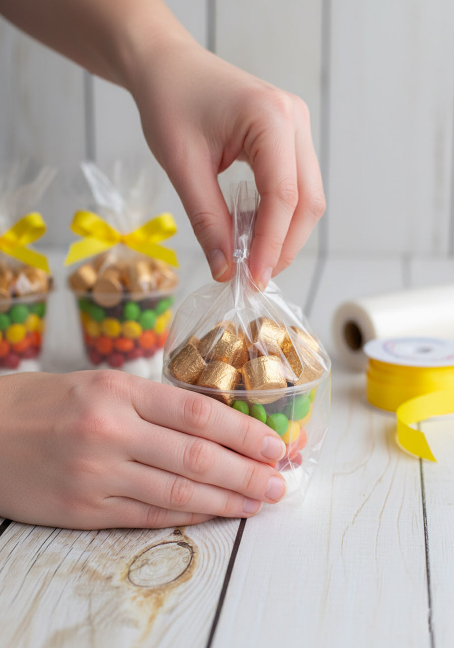 Packaging completed St. Patrick's Day rainbow snack cups in clear cellophane treat bags with ribbon