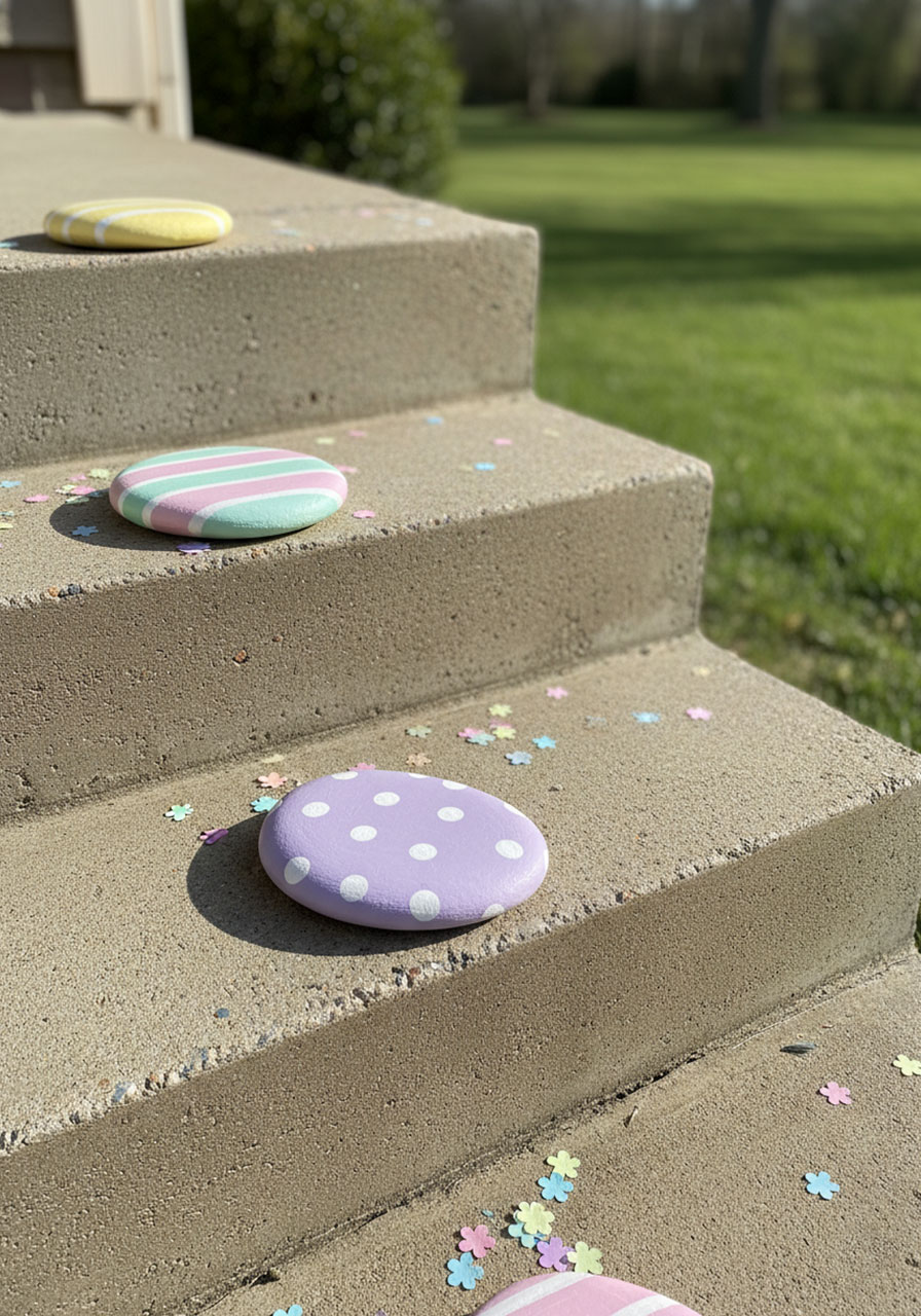 Colorful hand-painted Easter egg stepping stones on concrete porch steps in pastel colors with polka dots