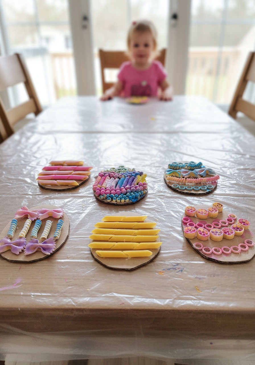 Six finished painted pasta Easter eggs drying on table with proud toddler artist in background