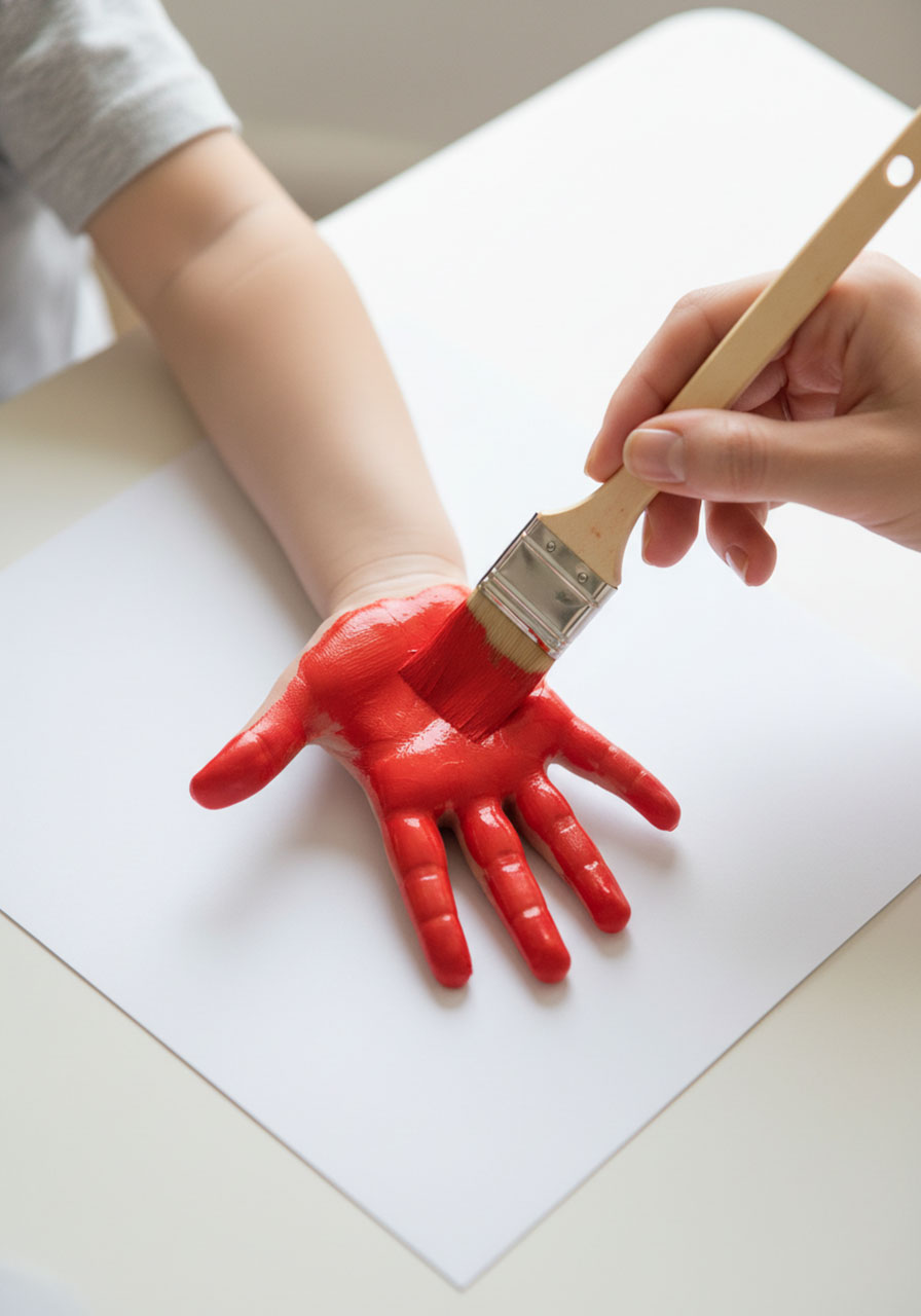 Adult painting a young child's palm with red washable paint using a flat brush to make a handprint for a DIY Mother's Day card