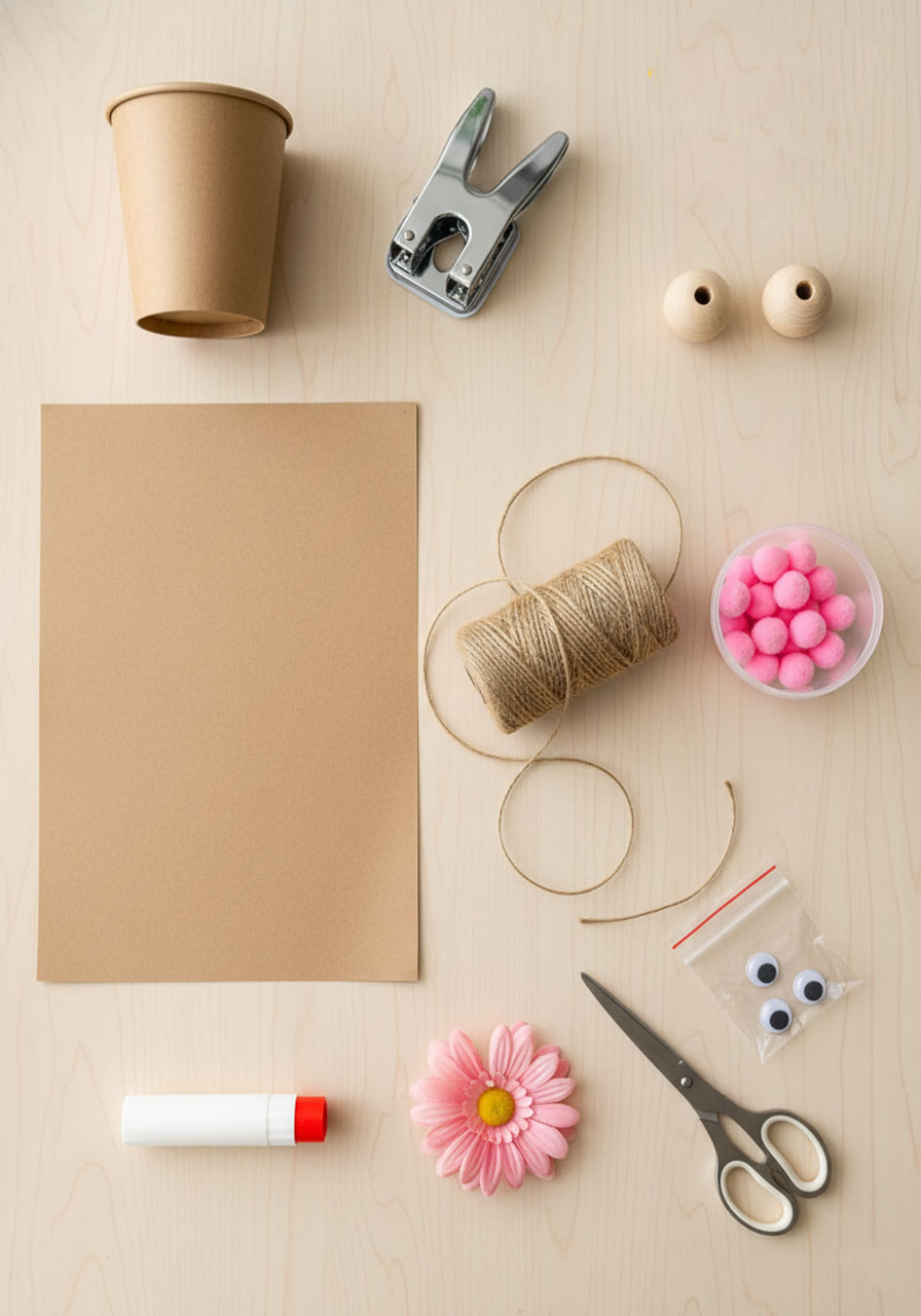 All craft supplies needed for easy paper cup bunny Easter craft including brown cup, beads, twine, googly eyes, pom-poms, and paper