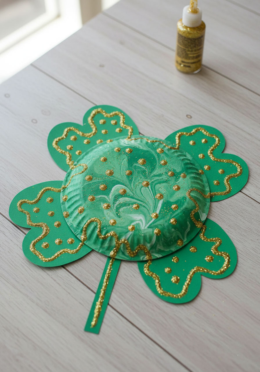 Paper plate 4-leaf clover craft with painted marbled green background and gold glitter decorations for kids