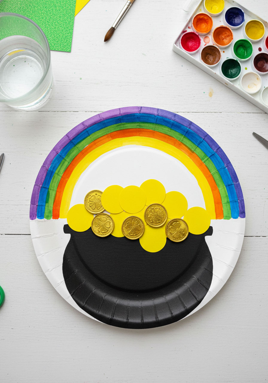 DIY paper plate pot of gold craft with watercolor rainbow and construction paper gold coins for St. Patrick's Day