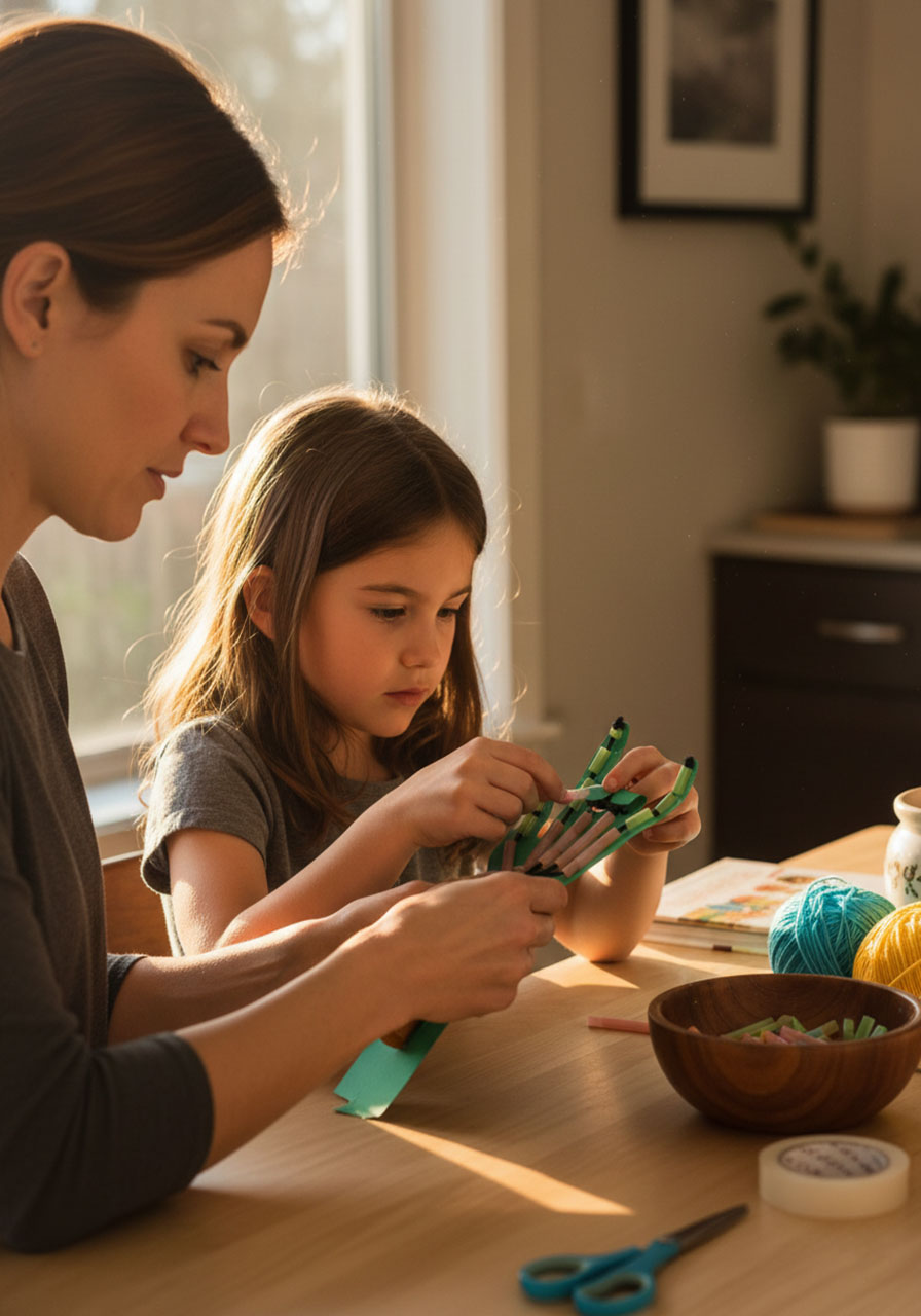 Mother and daughter working together building cardstock robot hand at home for family STEM learning activity