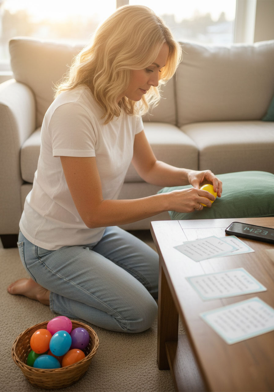 Parent hiding colorful plastic Easter eggs with clues around living room while setting up indoor scavenger hunt