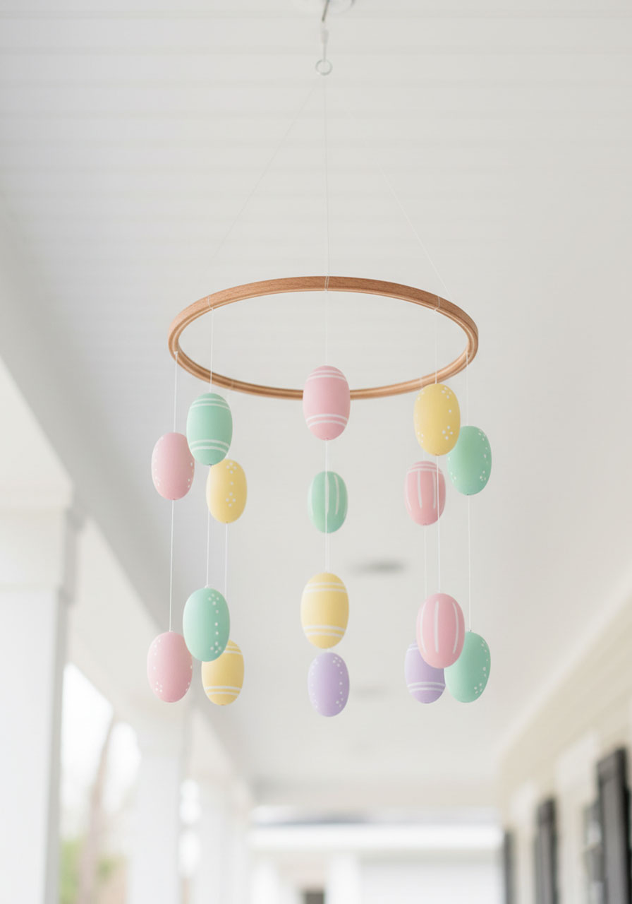 Handmade pastel Easter egg mobile hanging from porch ceiling on wooden embroidery hoop frame