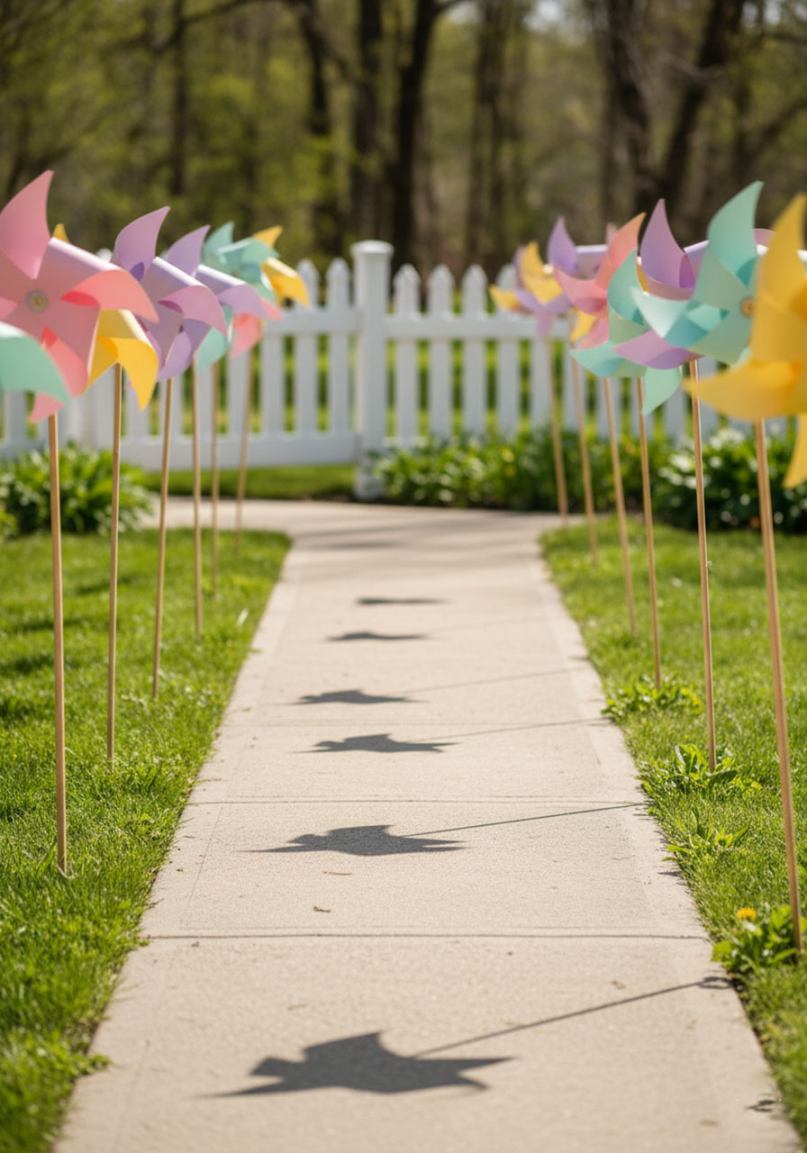 Row of oversized pastel pinwheels lining a garden walkway for Easter outdoor and patio spring decor