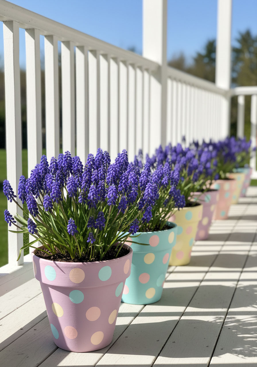 Row of hand-painted pastel polka dot terracotta pots with blooming hyacinths along an Easter porch railing