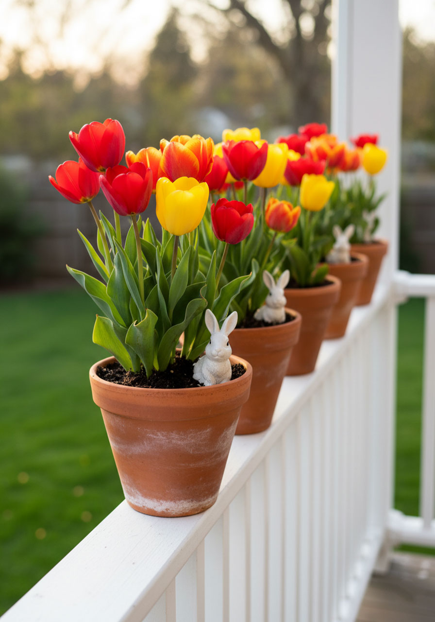 Cute peeping bunny figurines nestled in terracotta pots with tulips along an Easter porch railing