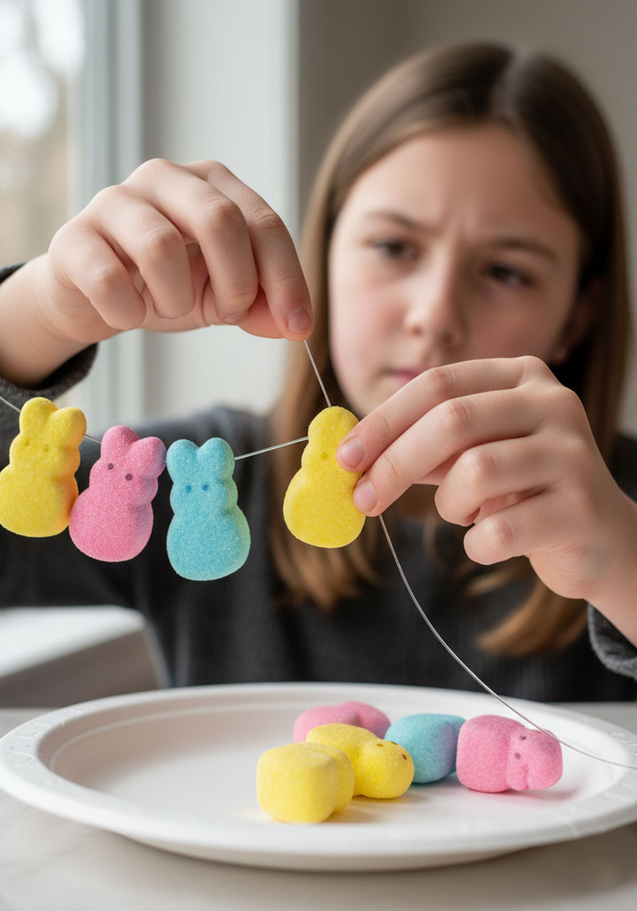 Fun Easter activity threading marshmallow Peeps onto fishing line for kids