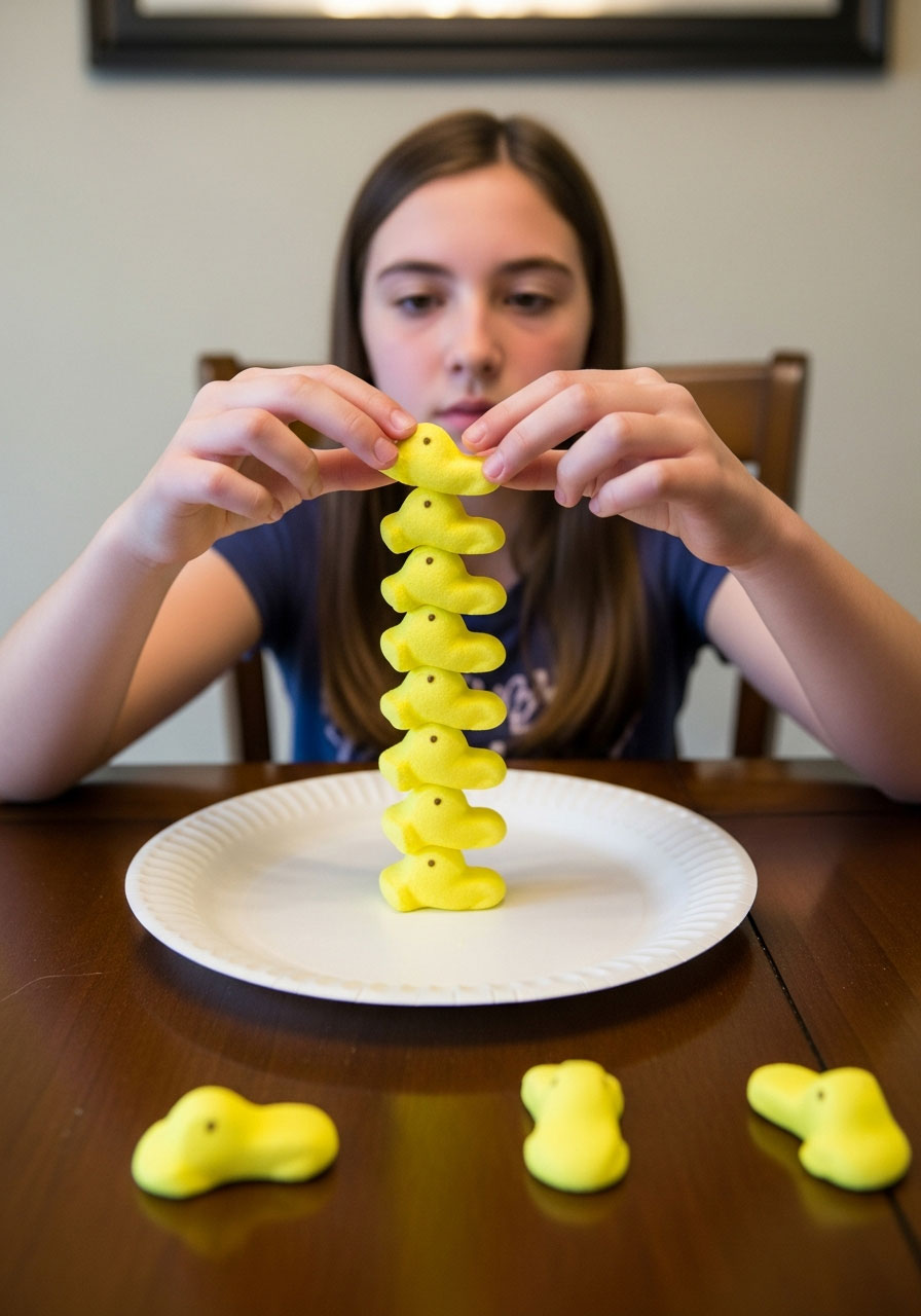 Easter stacking game building tall tower with marshmallow Peeps in 60 seconds