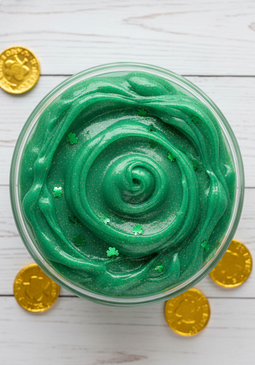 Finished St Patrick's Day fluffy slime with green color, gold glitter, and shamrock confetti in container