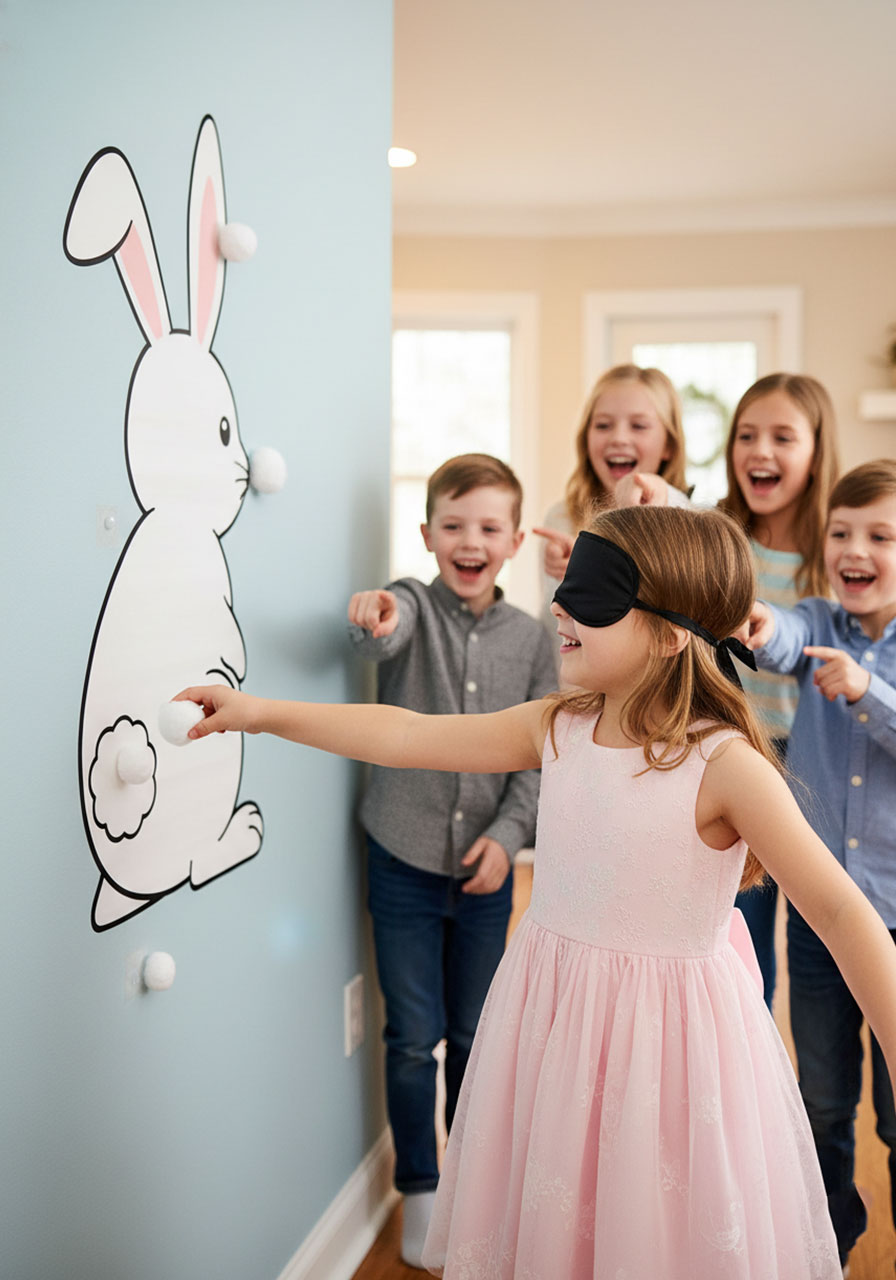 Blindfolded girl playing pin the cotton tail on the bunny Easter party game with a wall poster and Dollar Tree sleep mask