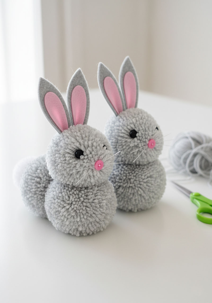 Two fluffy gray yarn pom-pom Easter bunnies with felt ears and black bead eyes