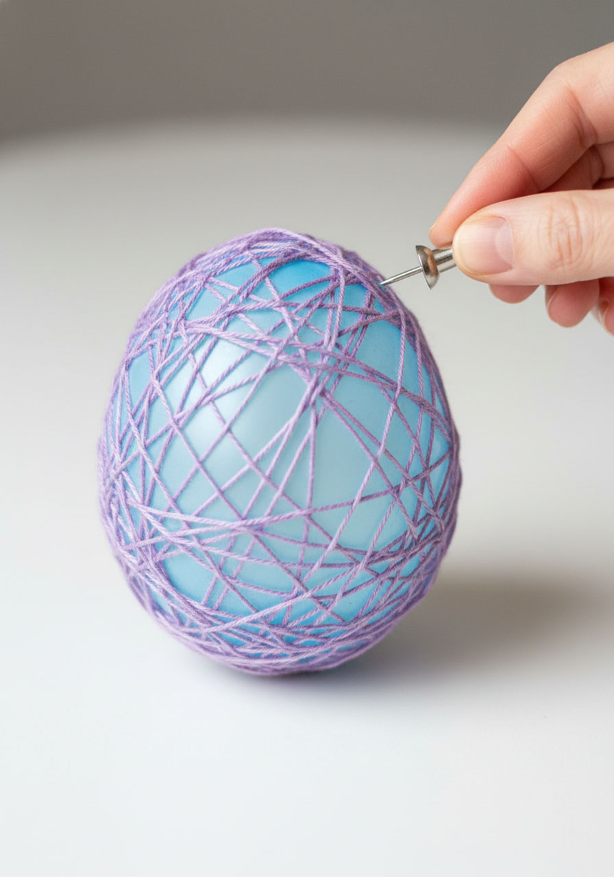 Popping the balloon inside a dried string Easter egg showing the deflation moment