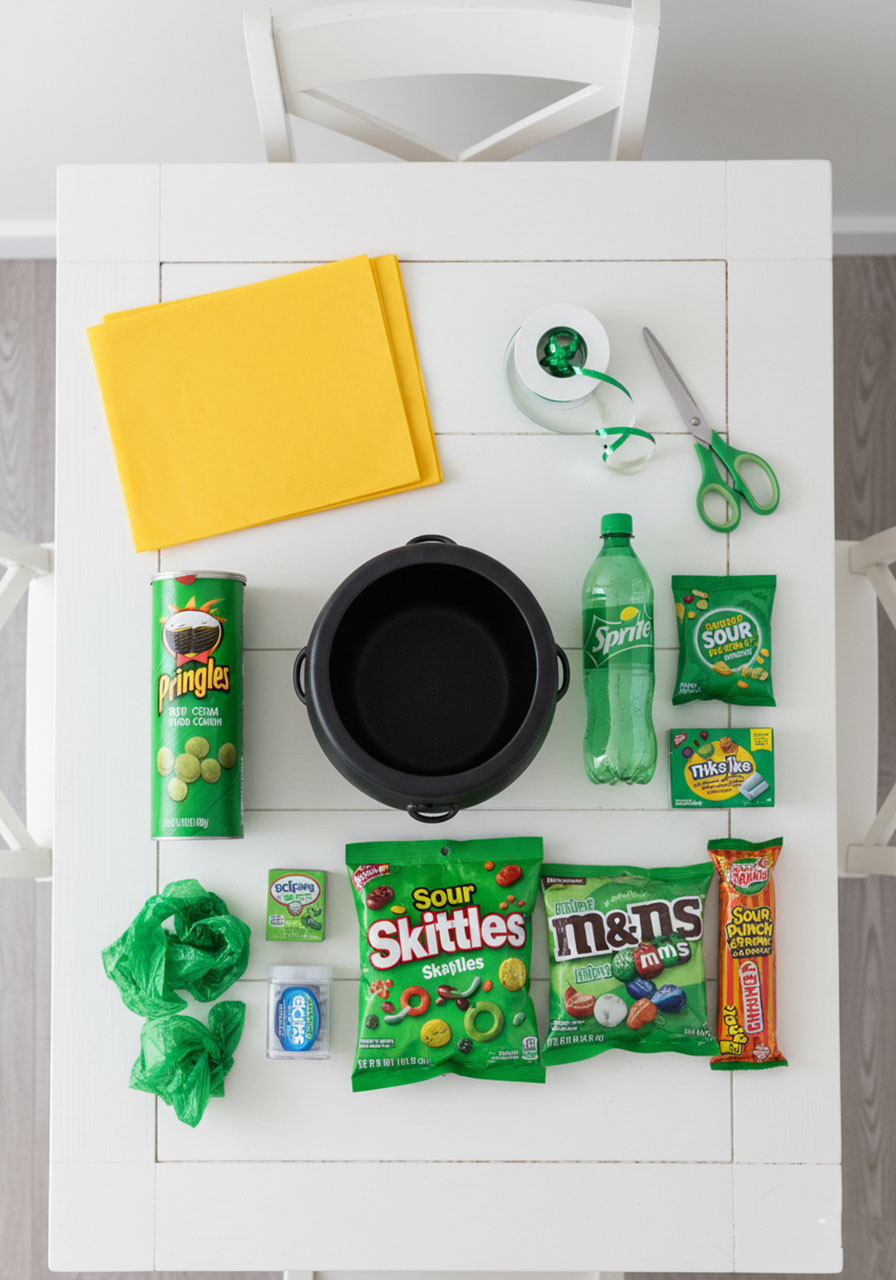 Overhead view of all supplies needed to make pot o' treats including black cauldron, yellow tissue paper, green ribbon, and various green snacks and candies